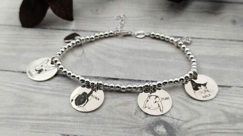 Pulsera plata de ley de bolas personalizadas con grabados, fotograbados o texto